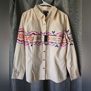 Wrangler Retro Peach Aztec Long Slv Pearl Snap Womens L NWT